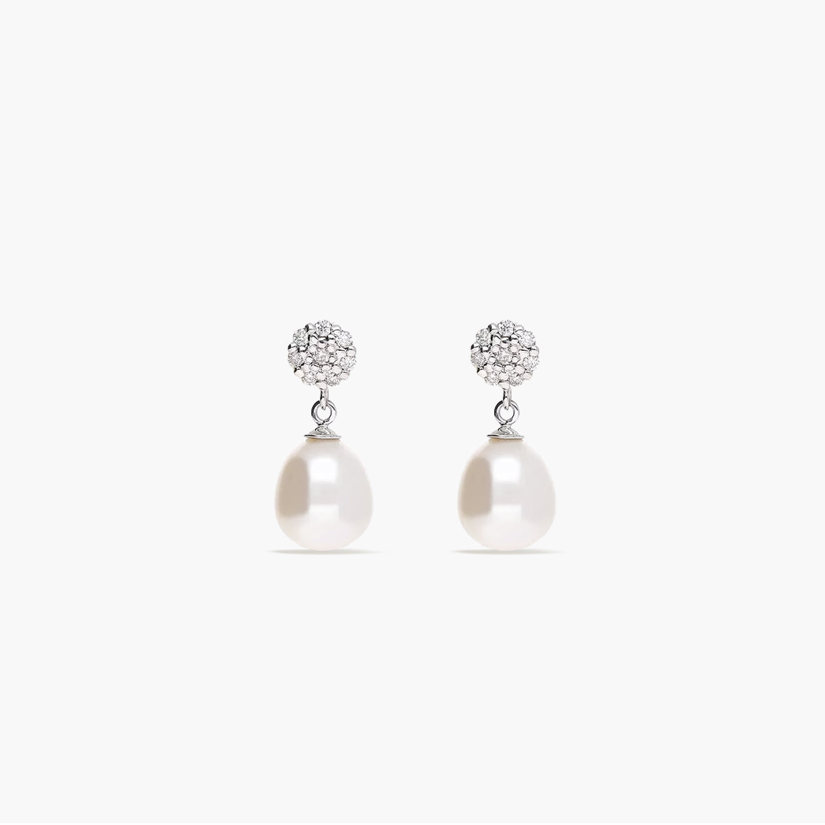 Pendientes largos de oro blanco 18K diamante natural 0.13 ct. con perlas 16 mm TREASURE