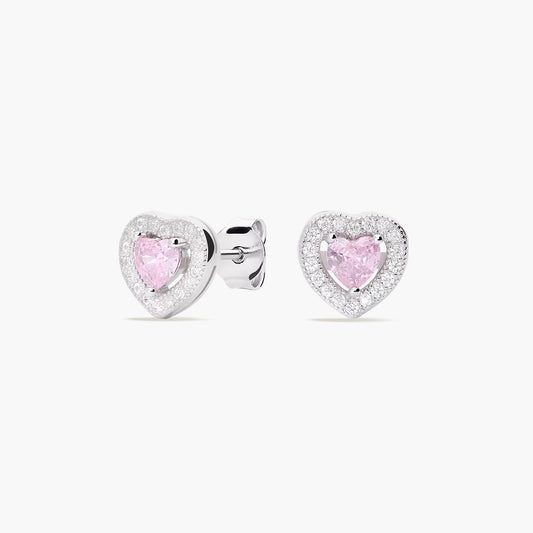 Pendientes corazón de plata 1ª ley circonitas rosa y blanca 8 mm