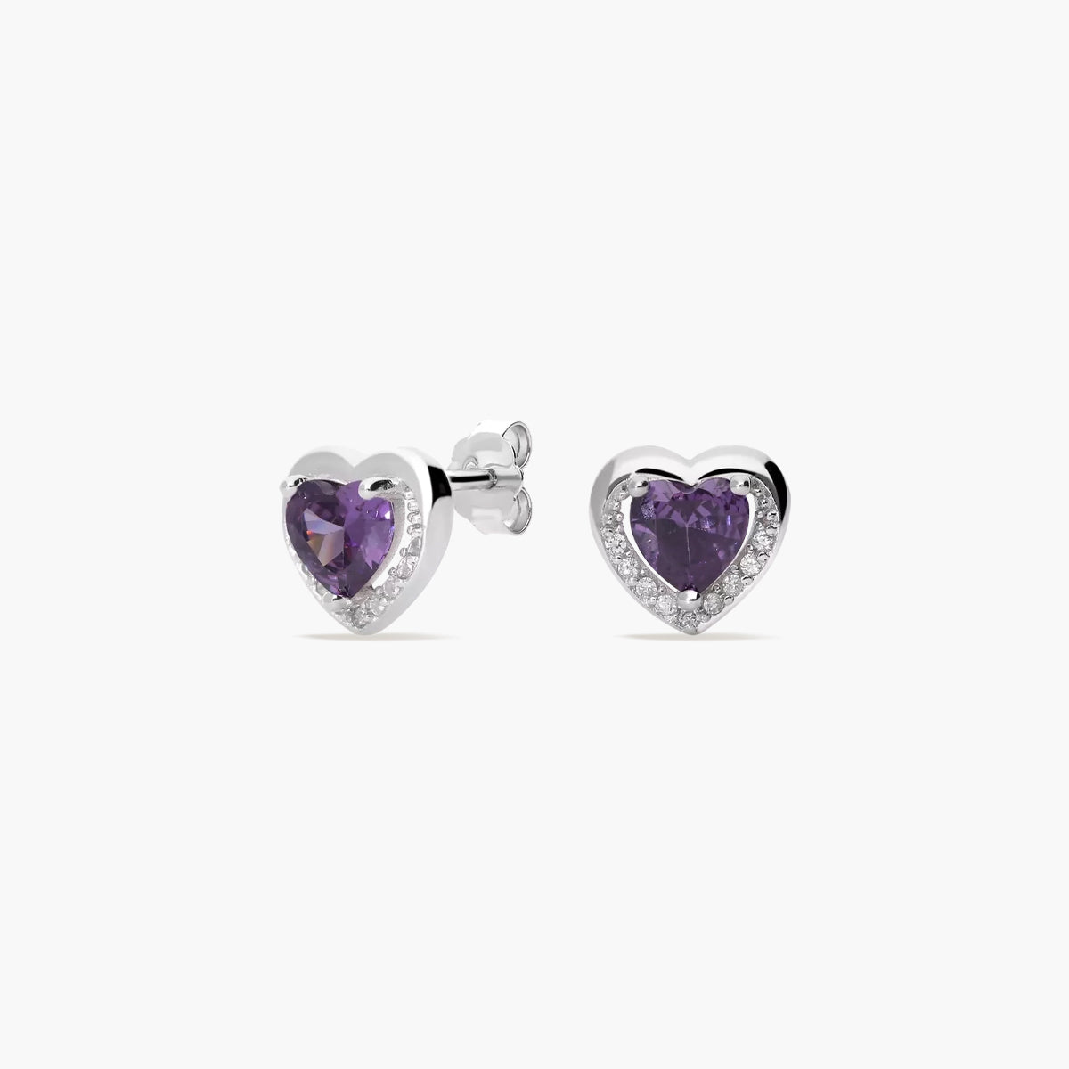 Pendientes corazón de plata 1ª ley circonitas violeta 9 mm