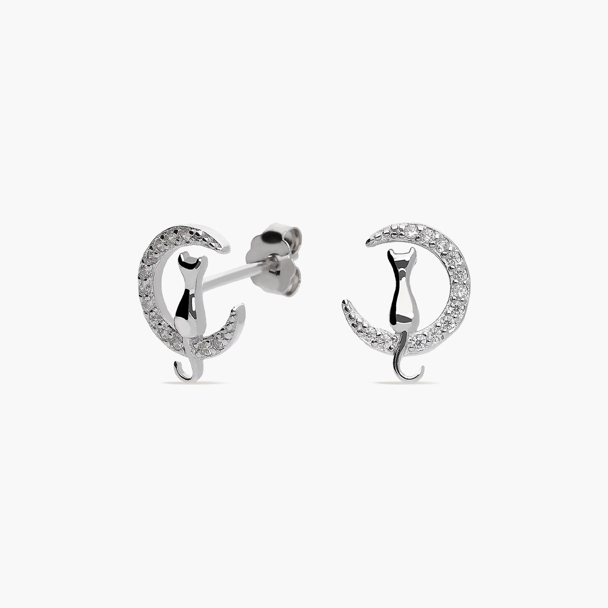 Pendientes luna y gato de plata 1ª ley circonitas 12 mm