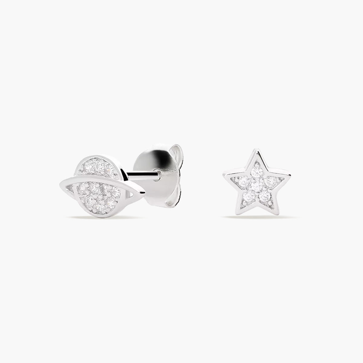 Pendientes estrella y planeta de plata 1ª ley circonitas 6 mm