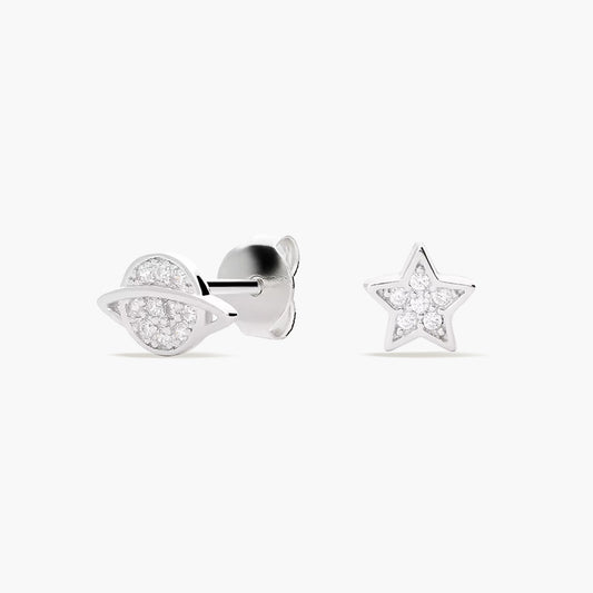 Pendientes estrella y planeta de plata 1ª ley circonitas 6 mm