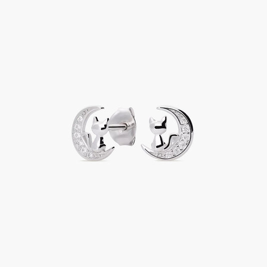 Pendientes luna y gato de plata 1ª ley circonitas 8 mm