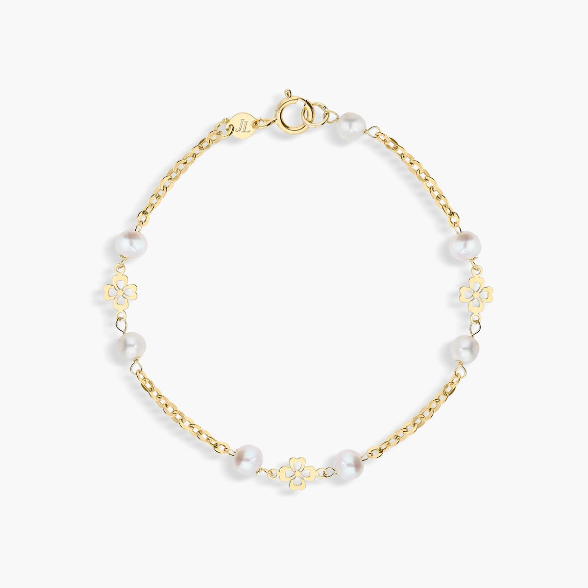 Pulsera infantil de oro 18K con perlas y motivos de flor 13 cm