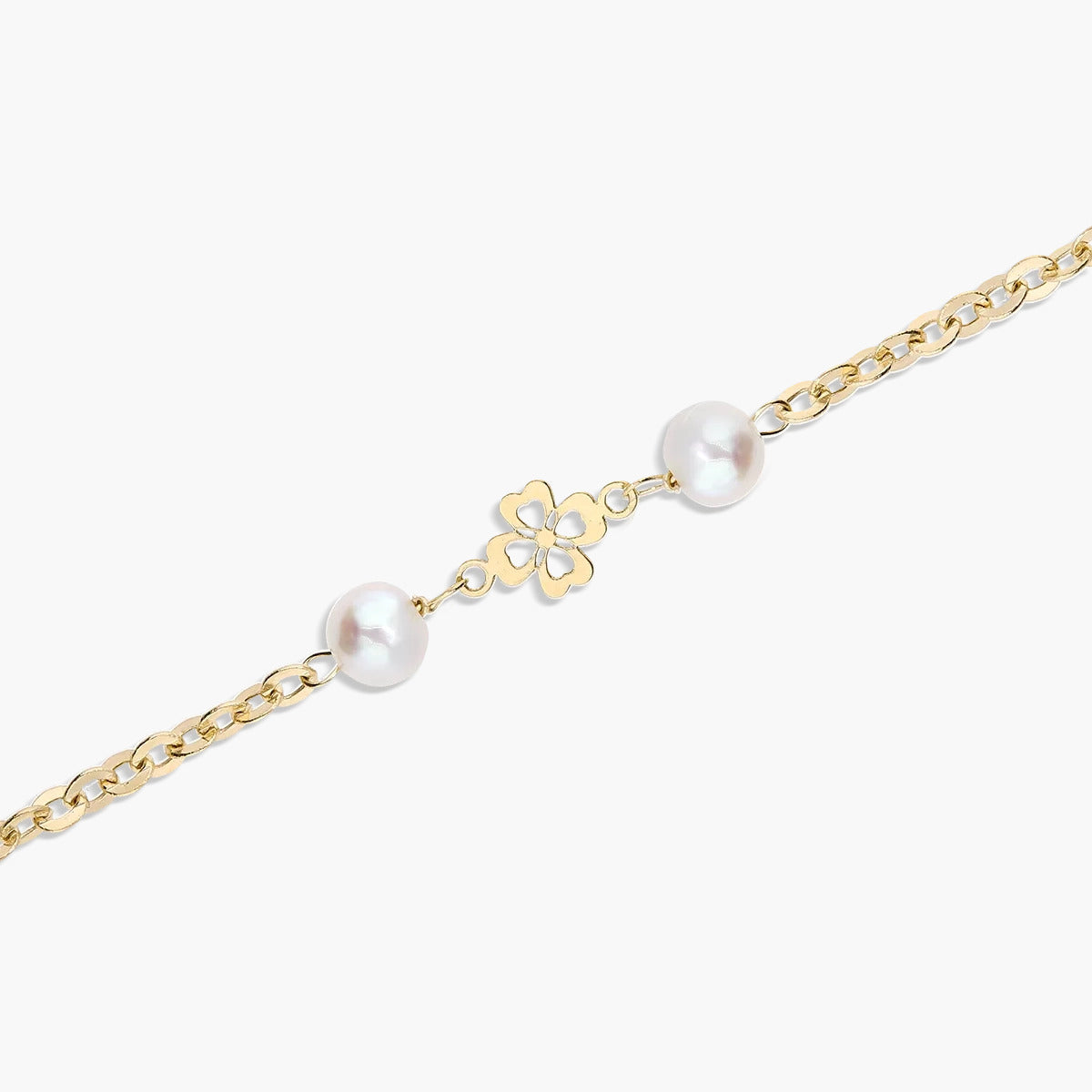 Pulsera infantil de oro 18K con perlas y motivos de flor 13 cm