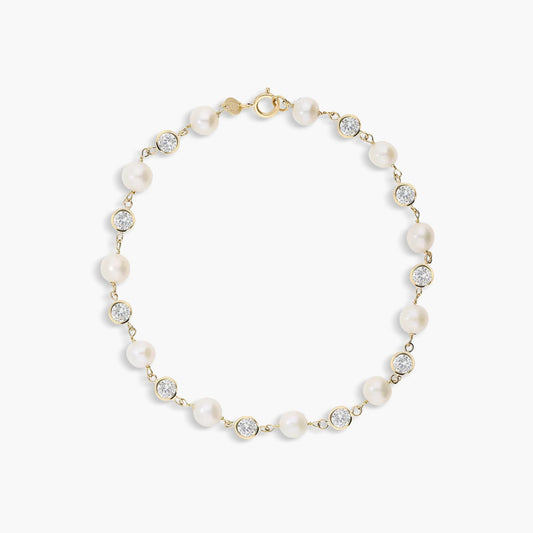 Pulsera infantil de oro 18K con perlas y circonitas 19 cm