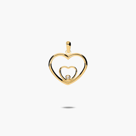 Colgante silueta doble corazón doble de oro 18K circonita 16 mm
