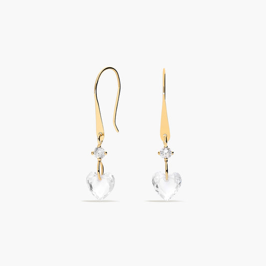 Pendientes largos corazón de oro 18K circonitas 27 mm
