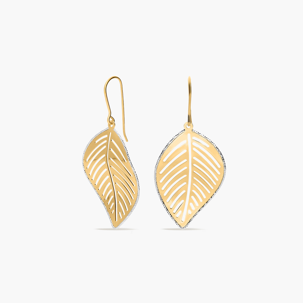 Pendientes largos hoja de oro bicolor 18K 45 mm
