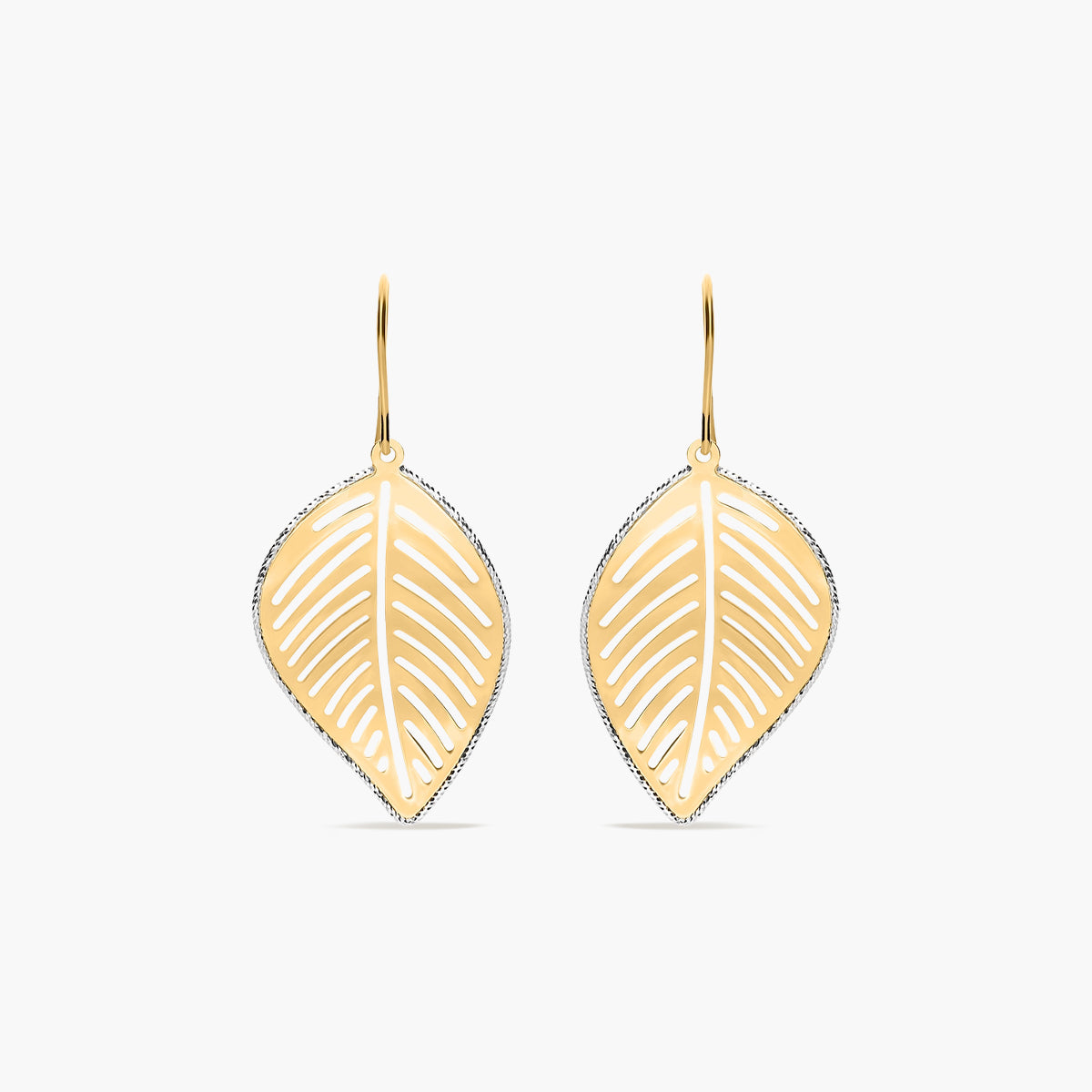 Pendientes largos hoja de oro bicolor 18K 45 mm