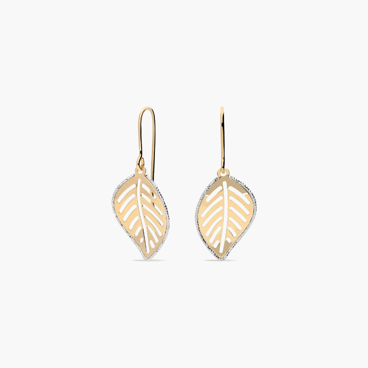 Pendientes largos hoja de oro bicolor 18K 32 mm