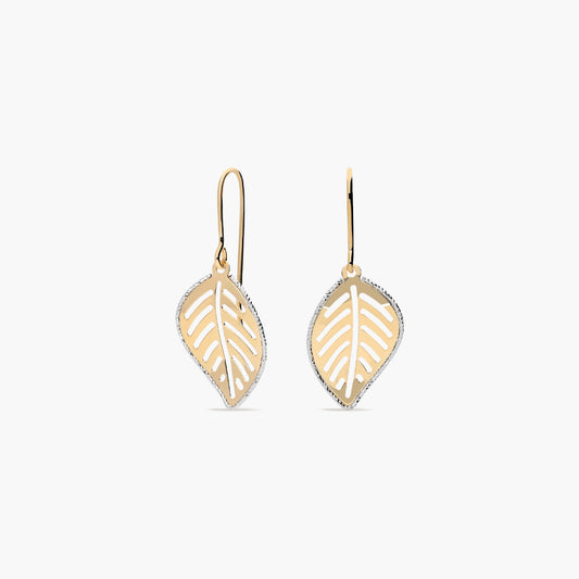 Pendientes largos hoja de oro bicolor 18K 32 mm