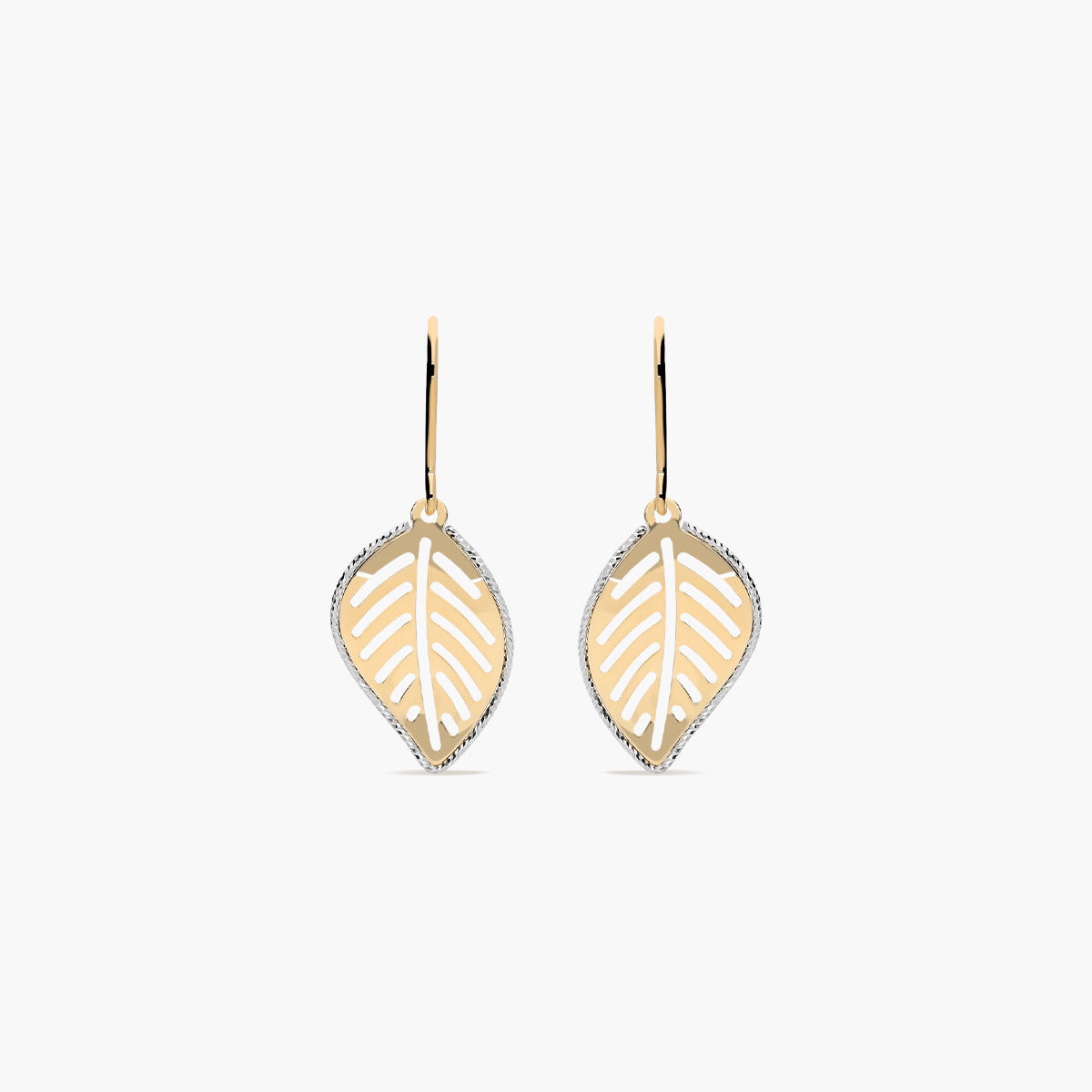 Pendientes largos hoja de oro bicolor 18K 32 mm