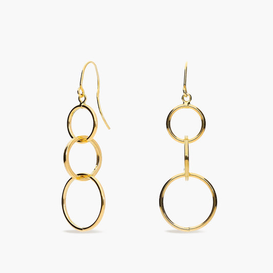 Pendientes largos triple círculo de oro 18K 37 mm