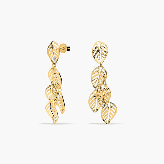 Pendientes largos hojas de oro 18K 35 mm