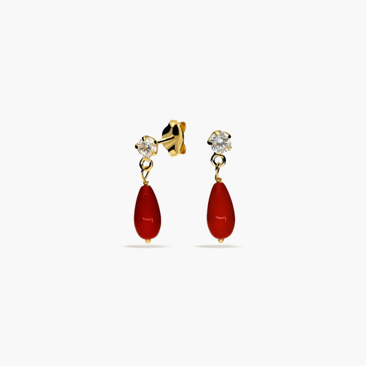 Pendientes largos de oro 18K coral y circonita 16 mm