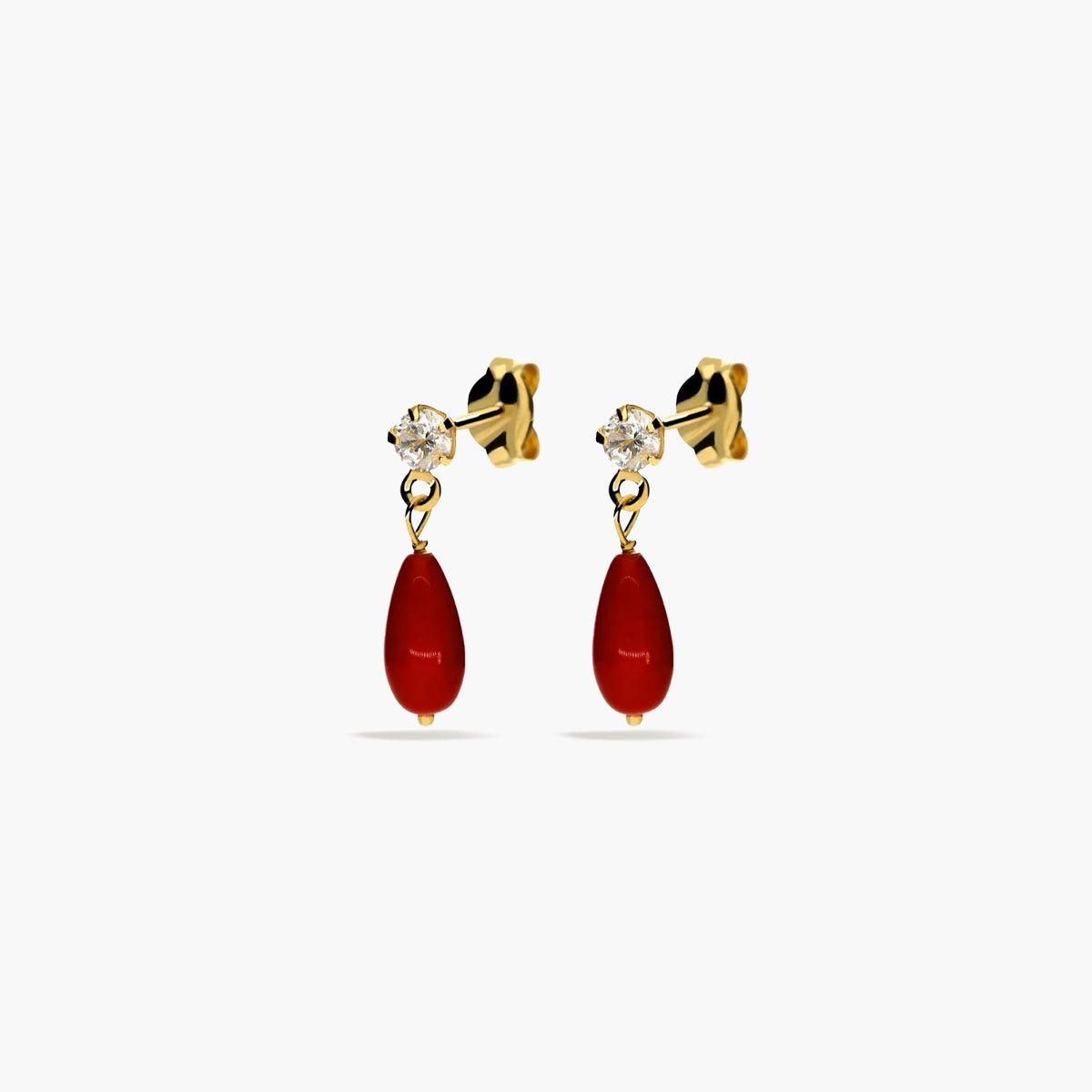 Pendientes largos de oro 18K coral y circonita 16 mm