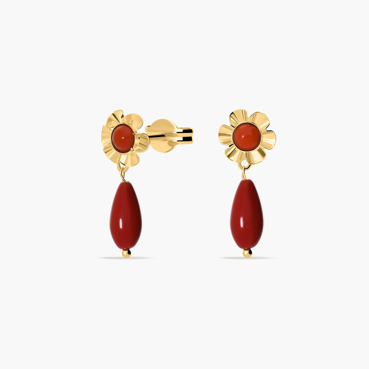 Pendientes largos flor de oro 18K coral 18 mm
