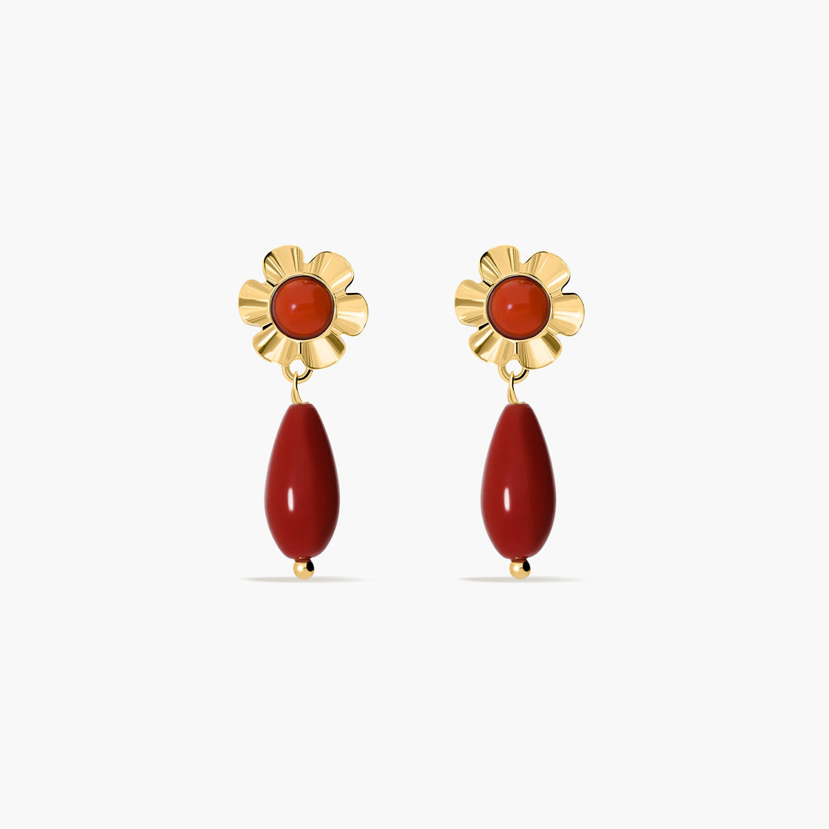 Pendientes largos flor de oro 18K coral 18 mm