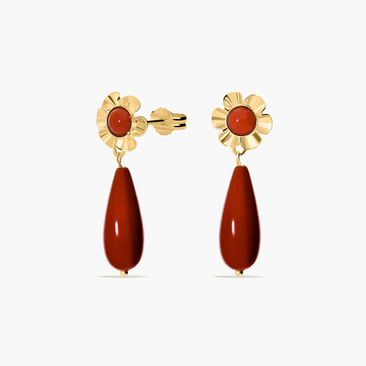 Pendientes largos flor de oro 18K coral 25 mm