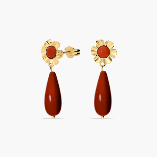 Pendientes largos flor de oro 18K coral 25 mm