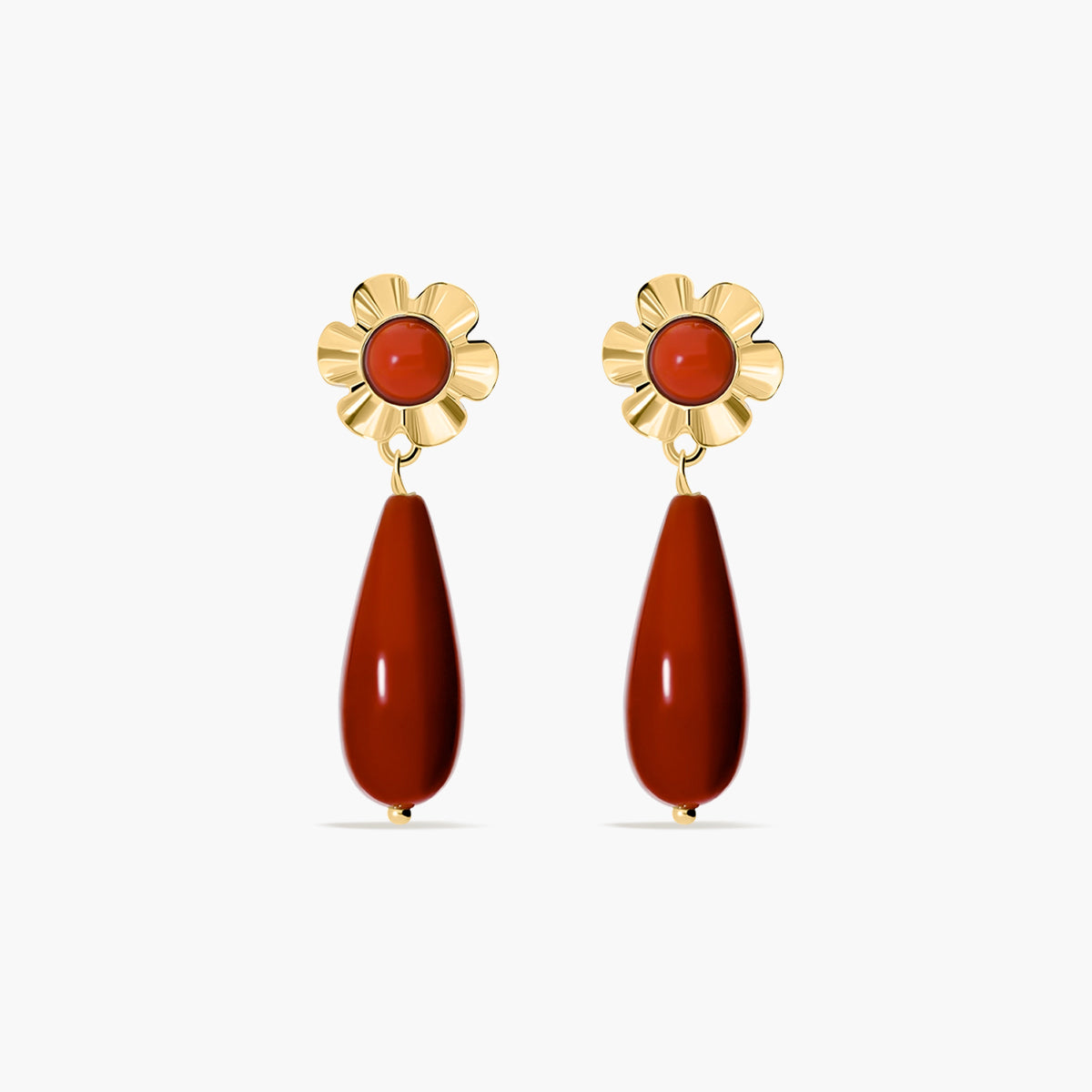 Pendientes largos flor de oro 18K coral 25 mm