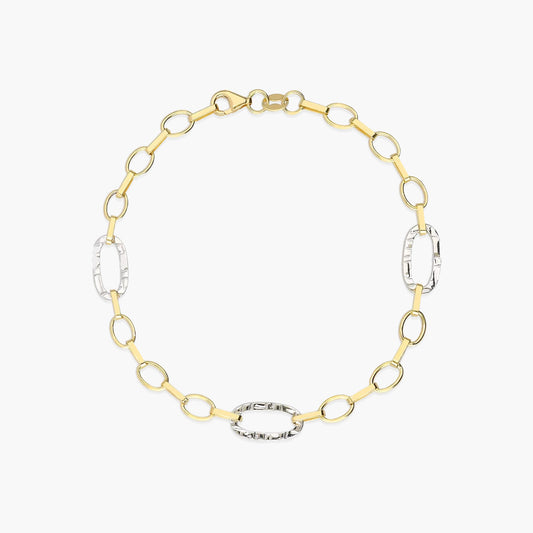 Pulsera de oro bicolor 18K eslabón anillas oval 19 cm