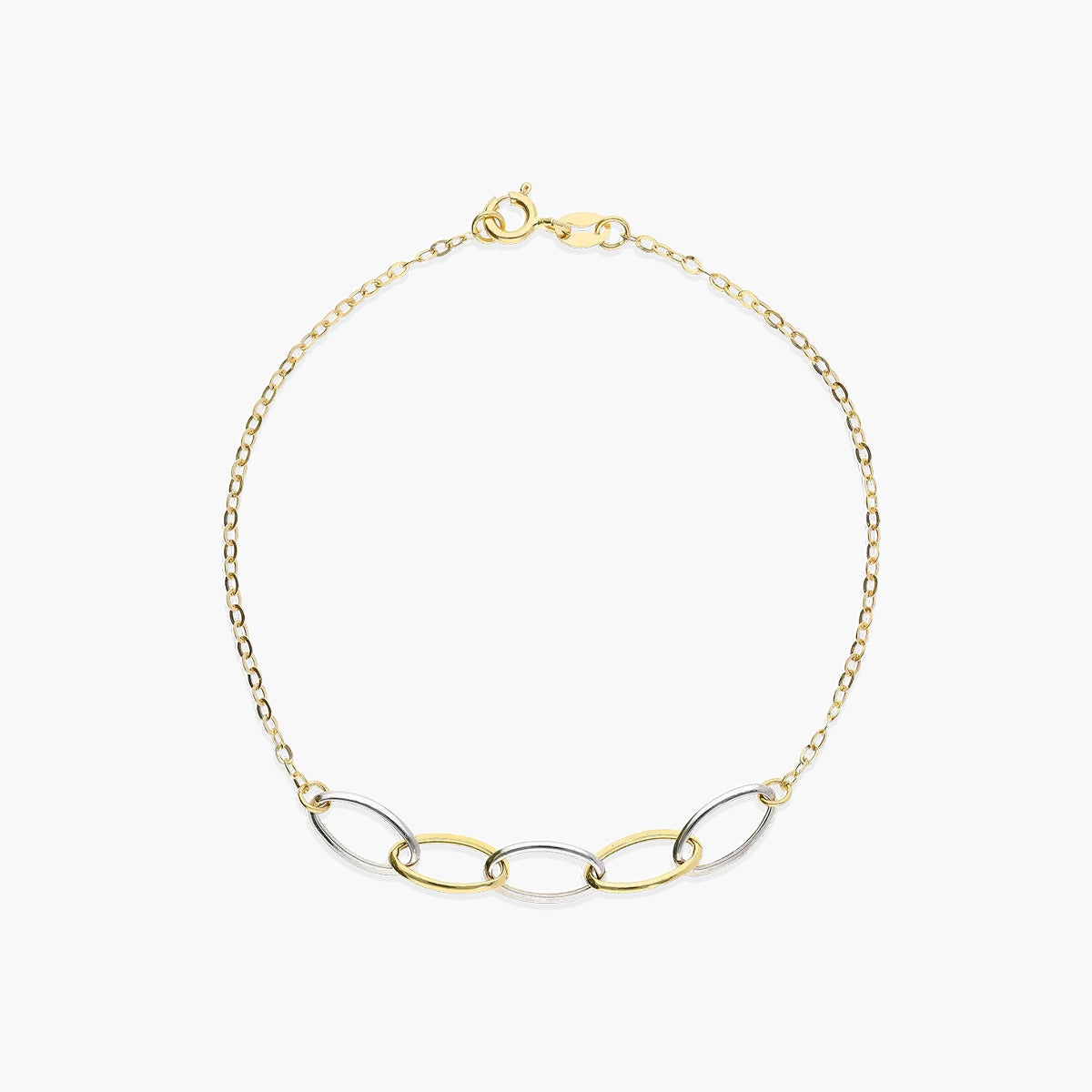 Pulsera de oro bicolor 18K eslabón anillas oval y cadena 19 cm