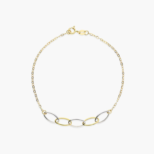 Pulsera de oro bicolor 18K eslabón anillas oval y cadena 19 cm