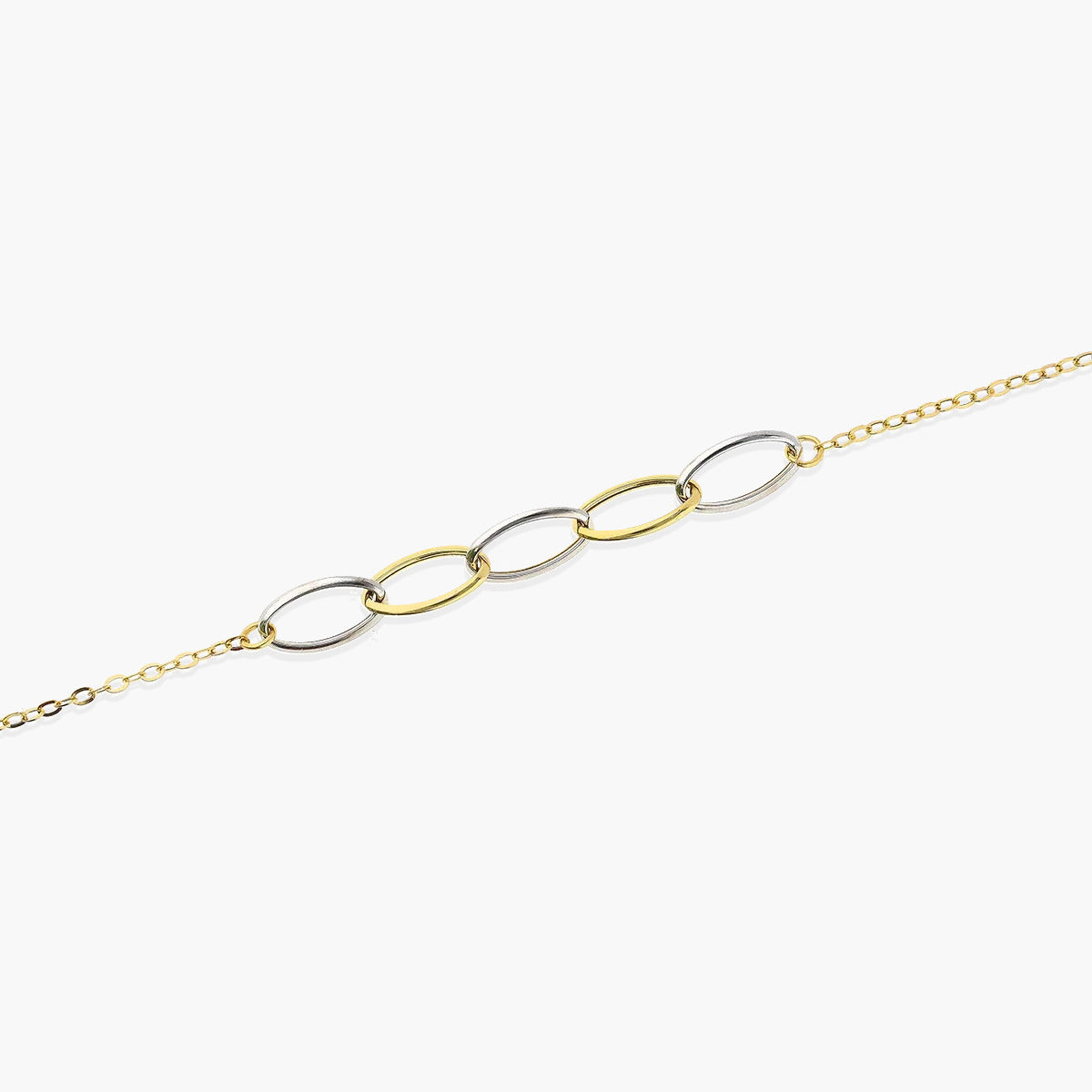 Pulsera de oro bicolor 18K eslabón anillas oval y cadena 19 cm