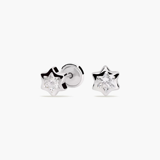 Pendientes estrella de oro blanco 18K circonitas para bebé 4 mm