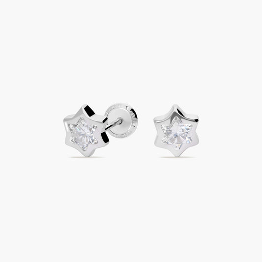 Pendientes estrella de oro blanco 18K circonitas para bebé 5 mm
