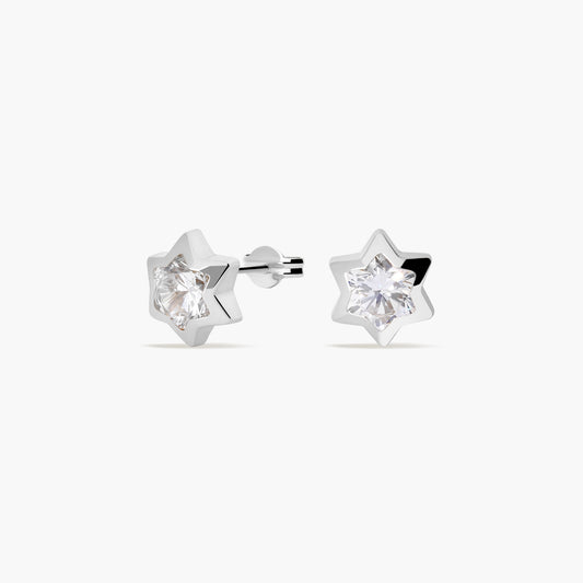 Pendientes estrella de oro blanco 18K circonitas 6 mm