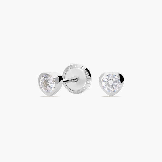 Pendientes corazón de oro blanco 18K circonitas para bebé 3 mm
