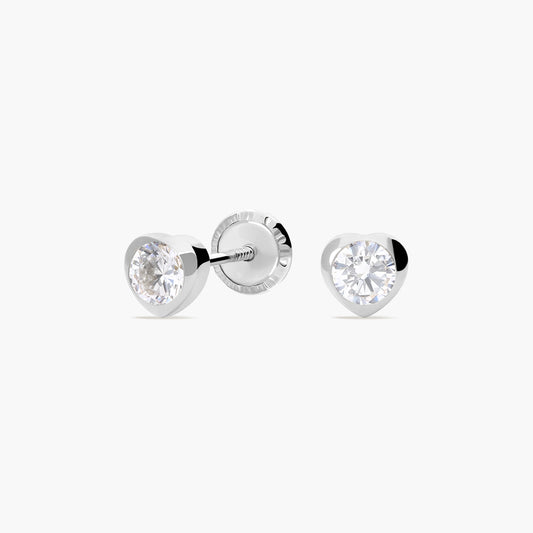Pendientes corazón de oro blanco 18K circonitas para bebé 4 mm