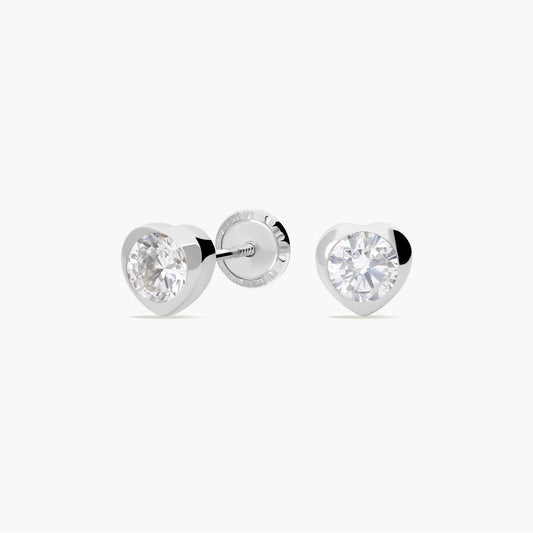 Pendientes corazón de oro blanco 18K circonitas para bebé 5 mm