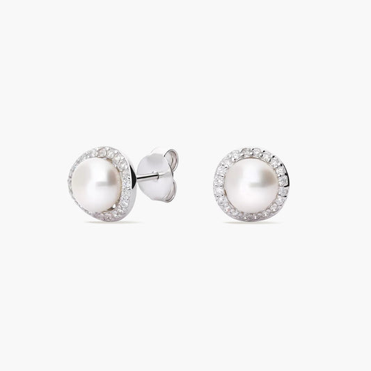Pendientes redondos de plata 1ª ley con perlas y circonitas 8 mm