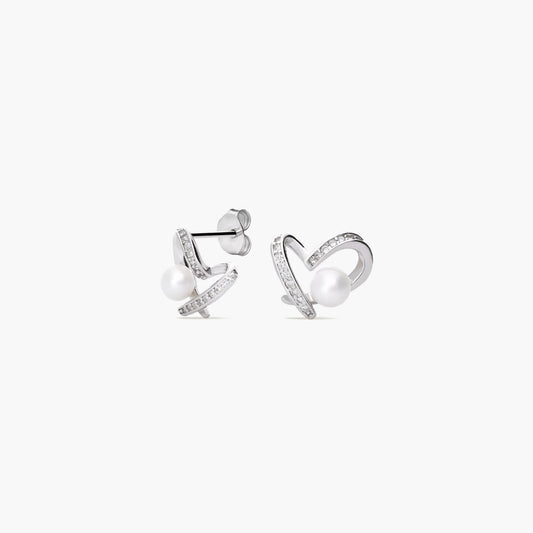 Pendientes silueta corazón de plata 1ª ley con perlas y circonitas 10 mm