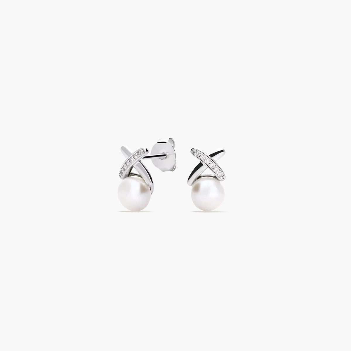 Pendientes forma X de plata 1ª ley con perlas y circonitas 11 mm
