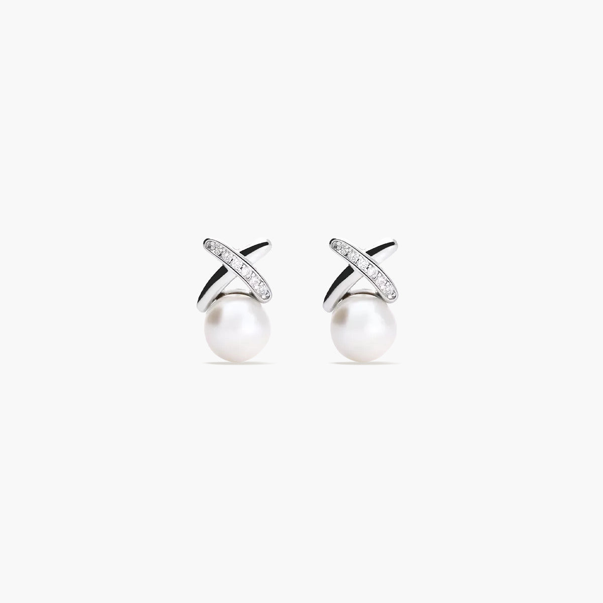 Pendientes forma X de plata 1ª ley con perlas y circonitas 11 mm