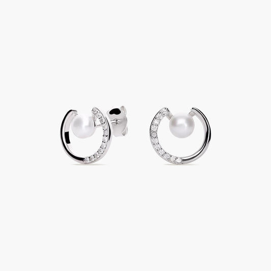 Pendientes redondos de plata 1ª ley con perlas y circonitas 11 mm