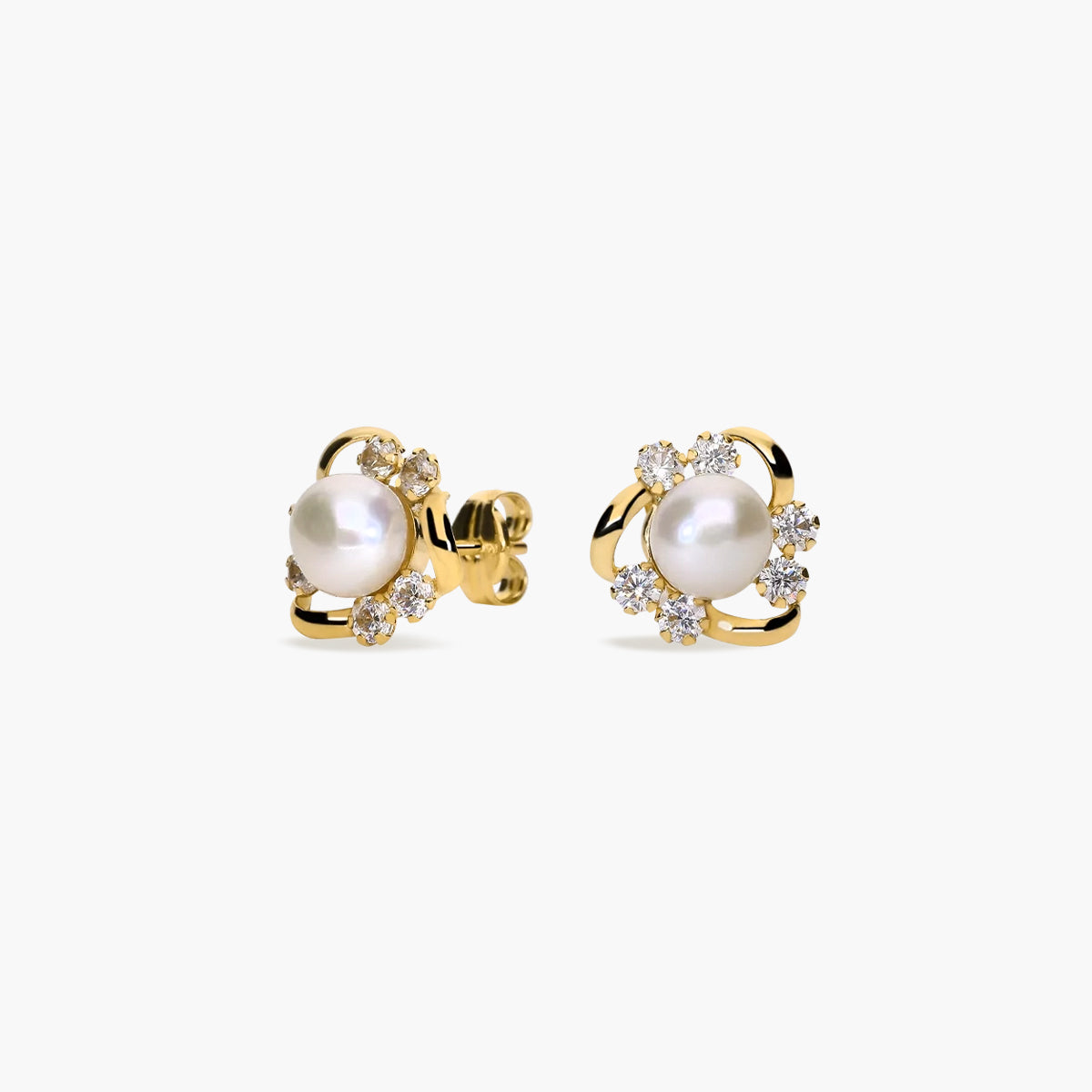 Pendientes forma de onda de oro 18K con perlas y circonitas 10 mm