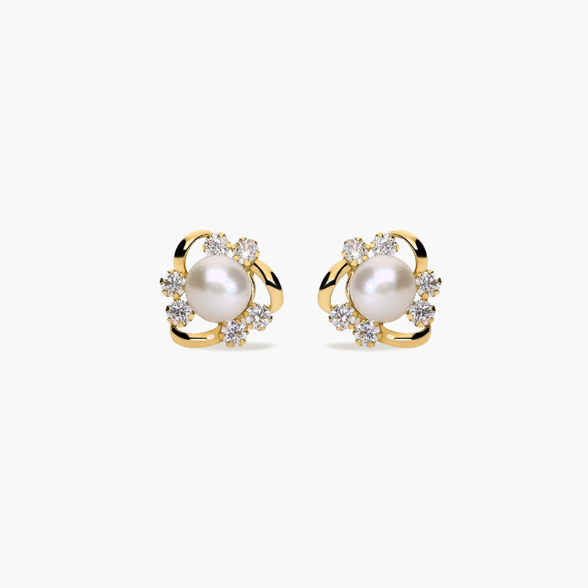 Pendientes forma de onda de oro 18K con perlas y circonitas 10 mm