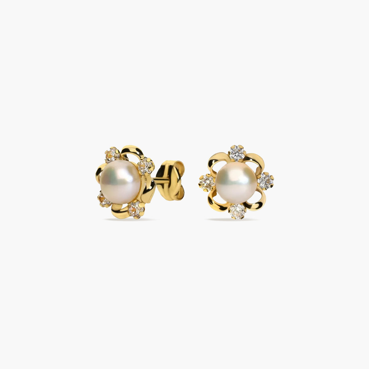 Pendientes forma de onda de oro 18K con perlas y circonitas 9 mm