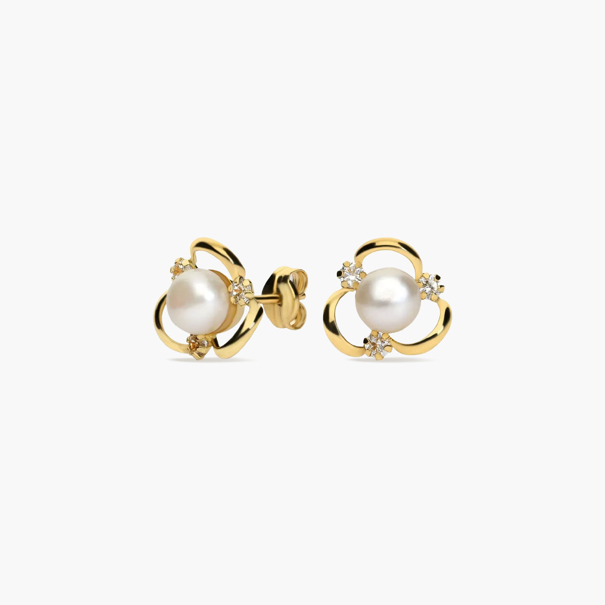 Pendientes forma de onda de oro 18K con perlas y circonitas 9 mm