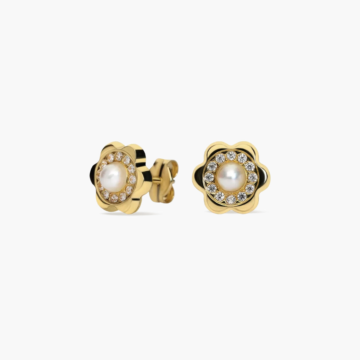 Pendientes flor de oro 18K con perlas y circonitas 8 mm