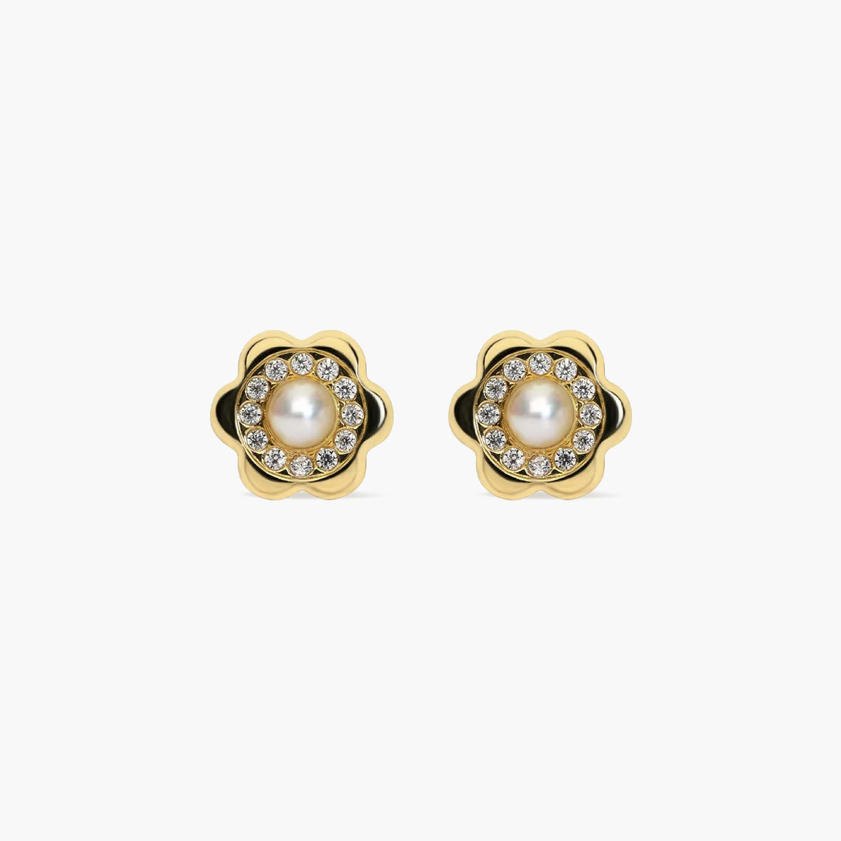 Pendientes flor de oro 18K con perlas y circonitas 8 mm
