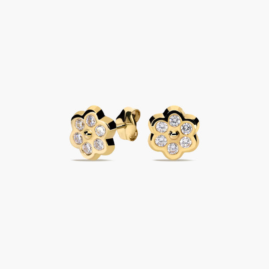 Pendientes flor de oro 18K circonitas 7 mm