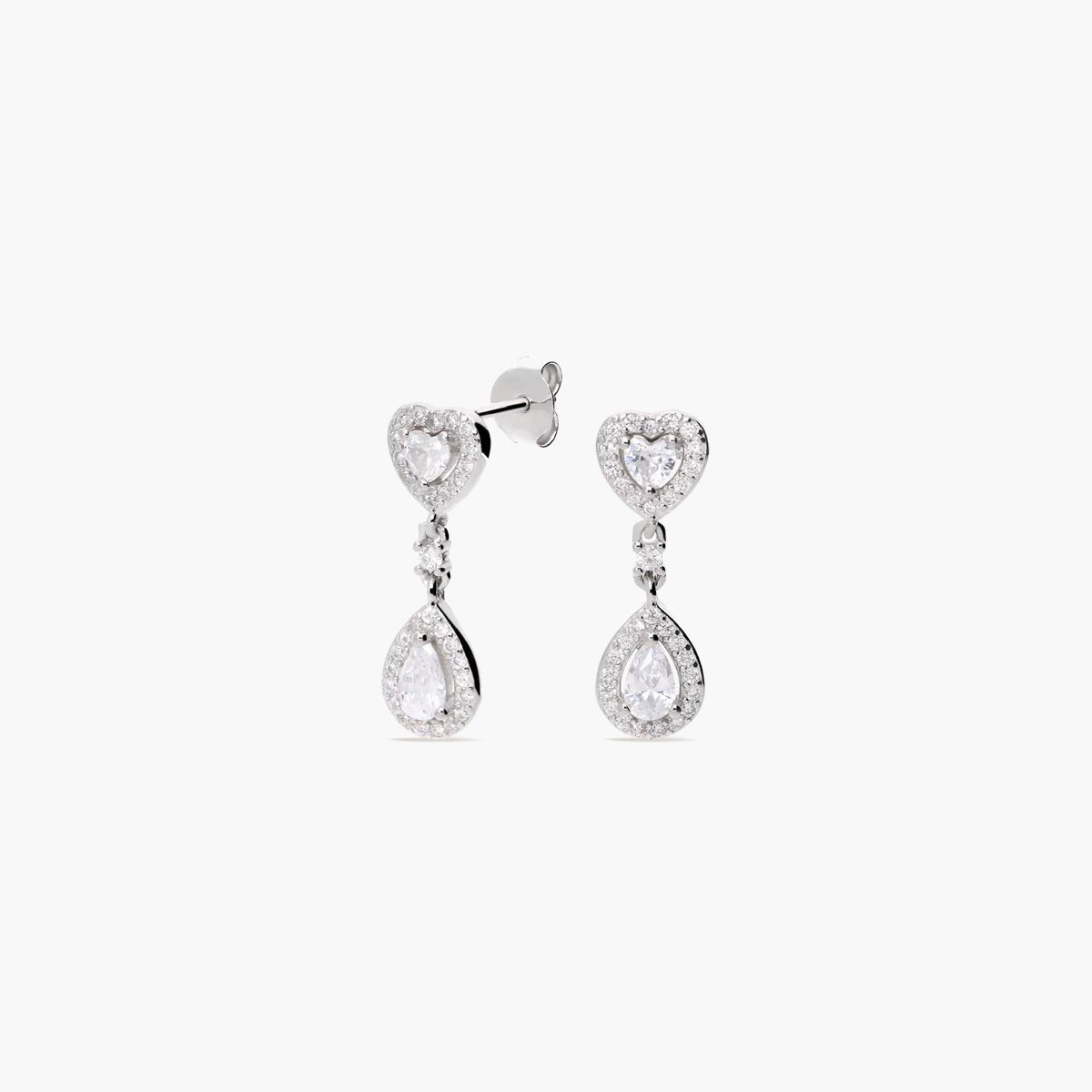 Pendientes largos corazón de plata 1ª ley circonitas 20 mm
