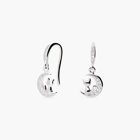 Pendientes largos luna y gato de plata 1ª ley circonitas 19 mm